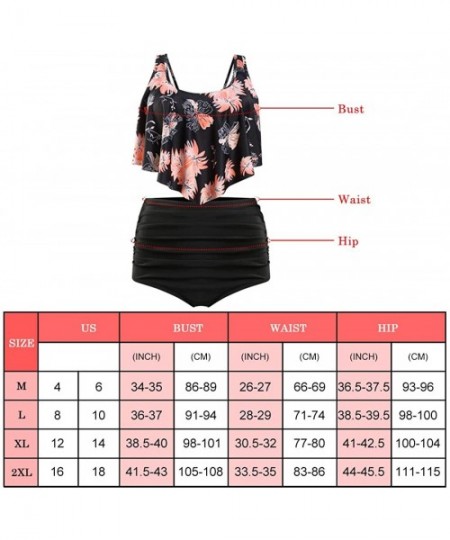 Sets Swimsuits for Women Two Piece Bathing Suits Ruffled Flounce Top with High Waisted Bottom Bikini Set Black Flower - CB196...