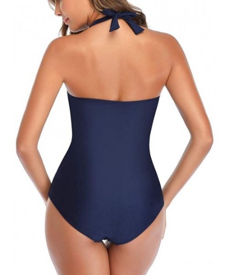 One-Pieces Tummy Control Swimwear Halter One Piece Swimsuit Ruched Padded Bathing Suits for Women Slimming Vintage Bikini - D...