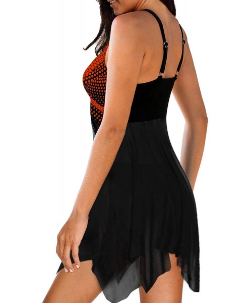 Tankinis Women Swimsuits Two Piece Tankini Swimdress Retro Polka Dot Print Tankini Top with Boyshort(S-XXL) - A-orange - C019...