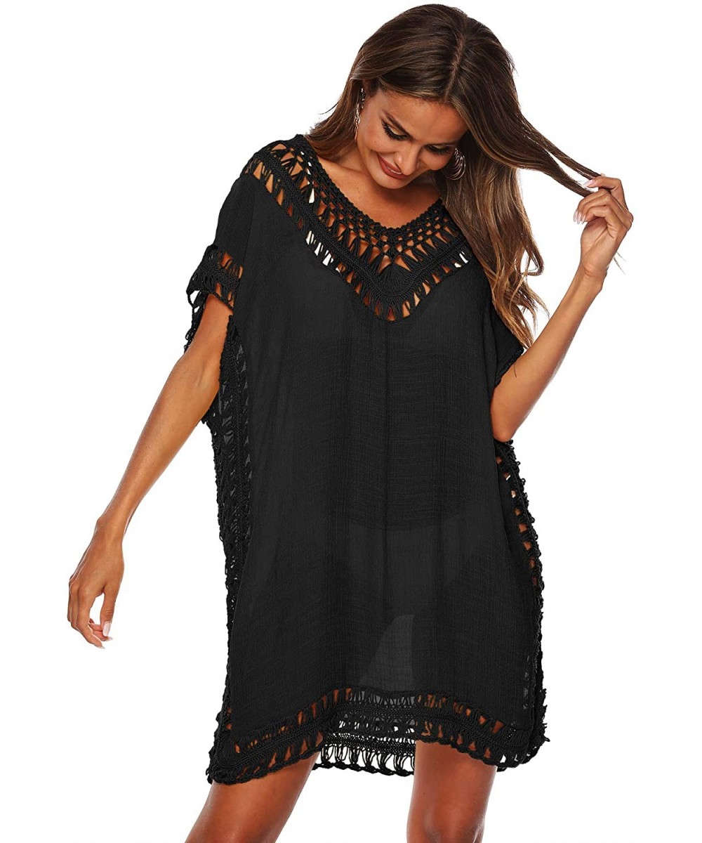 Cover-Ups Women's Crochet Swimsuit Cover Up Bikini Mesh Beachwear Cover Up Beach Dress Bathing Suit Blouse For - 014 Black - ...