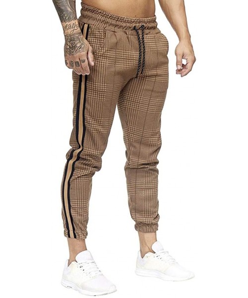 Briefs Mens Joggers Pants Slim-fit Gym Sport Workout Sweatpants Plaid Stripe Printing Pocketed Pants - Yellow - CJ18A526IY9