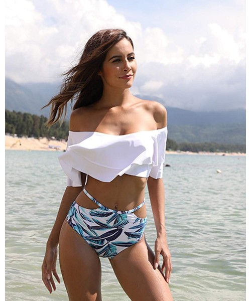 Sets Women Two Piece Swimsuit High Waisted Off Shoulder Ruffled Bikini Set - White-1 - CO1827CL6C7