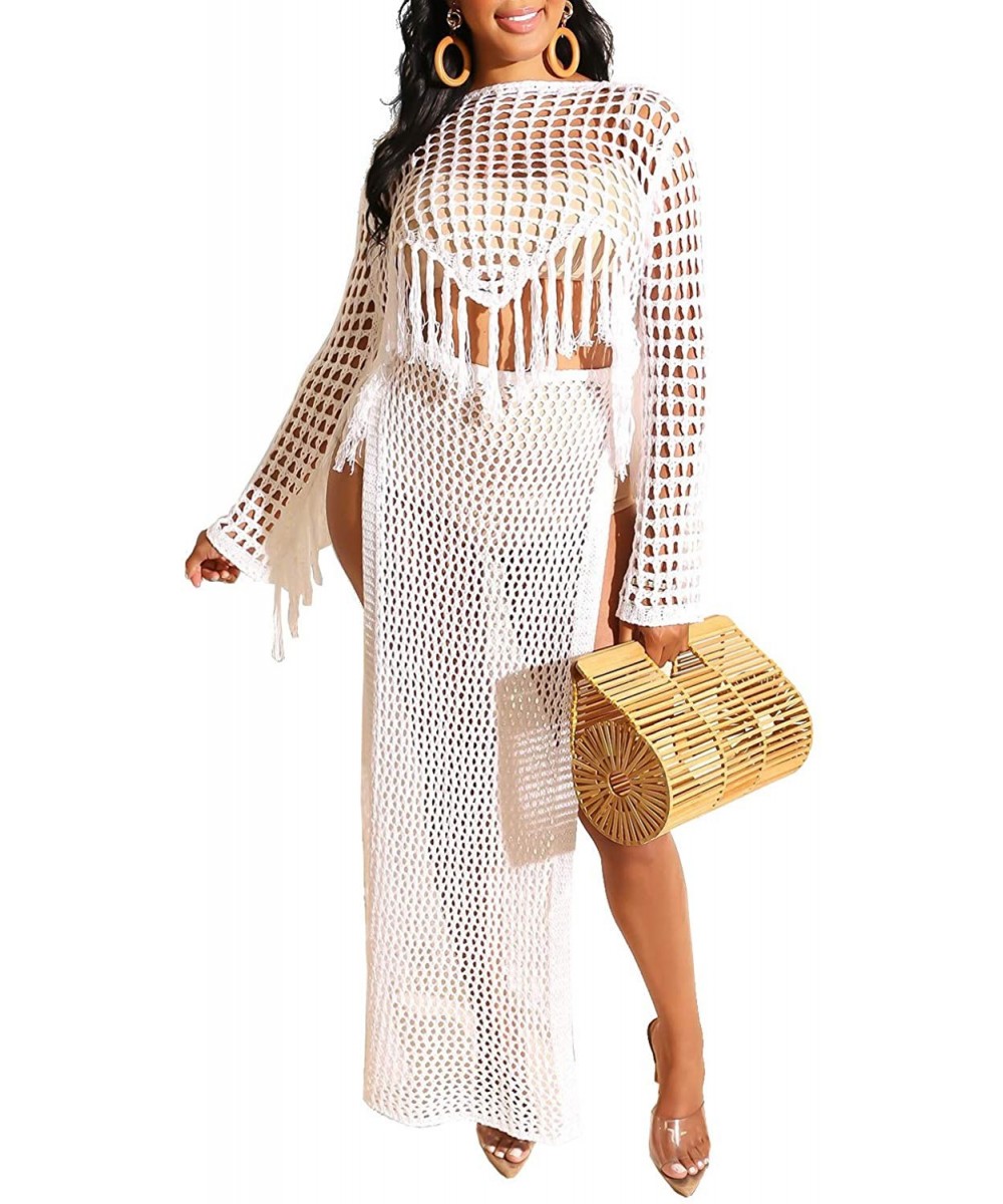 Cover-Ups Women's Casual Tassel Crochet See Through Swimsuits with Maxi Slit Skirt Bikini Cover up 2 Piece Sets - White - CQ1...