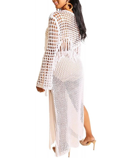 Cover-Ups Women's Casual Tassel Crochet See Through Swimsuits with Maxi Slit Skirt Bikini Cover up 2 Piece Sets - White - CQ1...