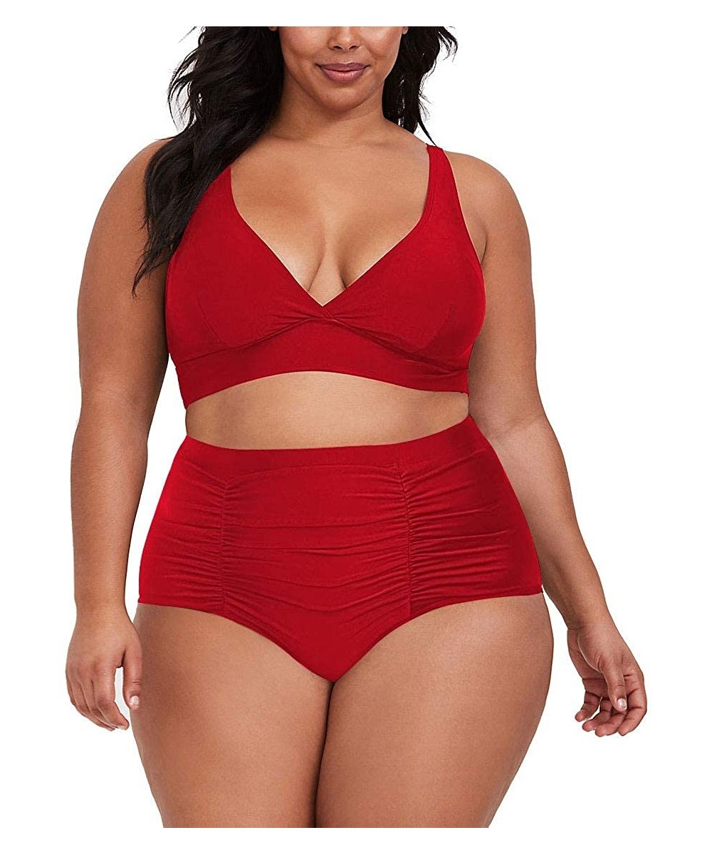 Sets Women's Plus Size High Waist Ruched Swimsuit Swimwear Bathing Suit - Red - C5194Z2AL0D