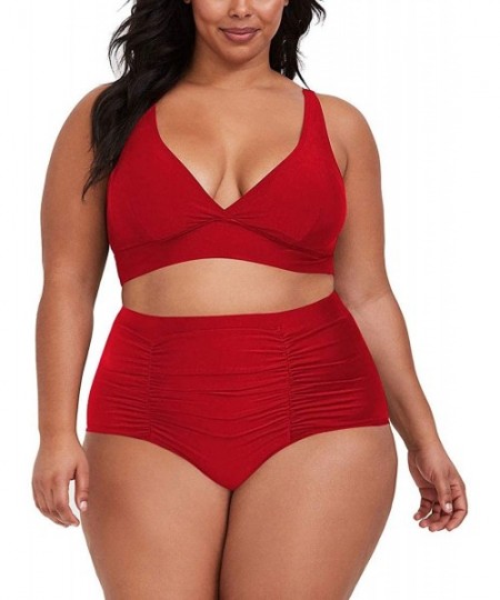 Sets Women's Plus Size High Waist Ruched Swimsuit Swimwear Bathing Suit - Red - C5194Z2AL0D