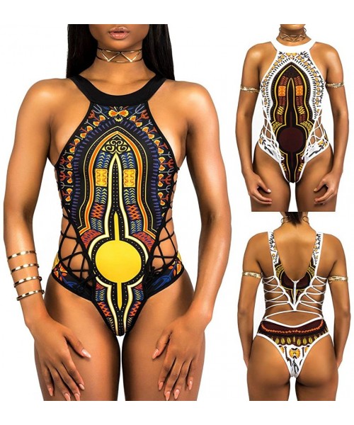 Cover-Ups Bikini Swimsuit- Retro Women Bandage One Piece Bikini African Print Monokini Push Up Padded Bra Swimwear for Women ...