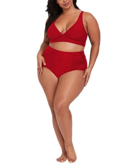 Sets Women's Plus Size High Waist Ruched Swimsuit Swimwear Bathing Suit - Red - C5194Z2AL0D