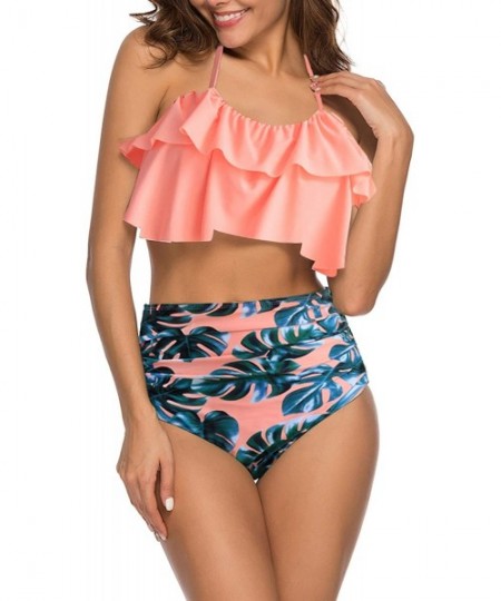 One-Pieces Women High Waisted Swimsuit Two Piece Ruffled Flounce Top with Ruched Bottom - 27orange - CX18S3MWD3H