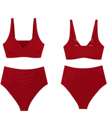 Sets Women's Plus Size High Waist Ruched Swimsuit Swimwear Bathing Suit - Red - C5194Z2AL0D