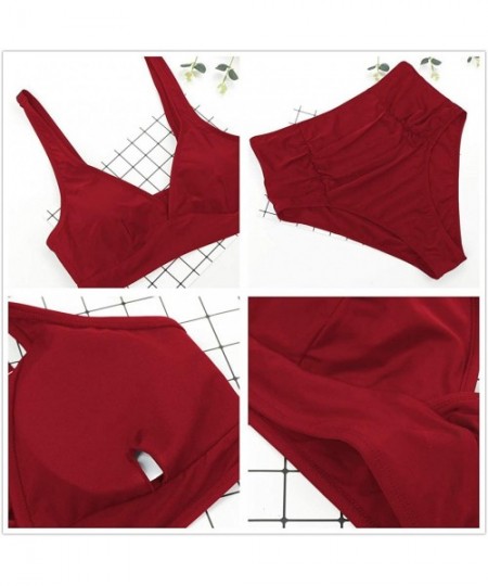 Sets Women's Plus Size High Waist Ruched Swimsuit Swimwear Bathing Suit - Red - C5194Z2AL0D