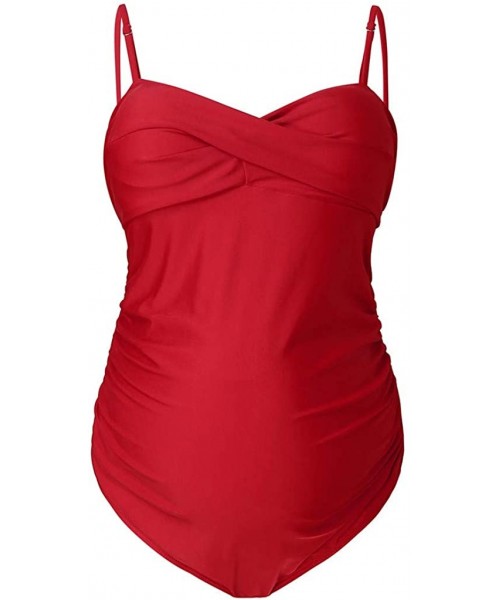 Tops Women's Criss Cross Bandeau One Piece Swimsuit-Pregnant Solid Color Cross Strap Maternity Swimsuit - Red - CU190RQO3K0