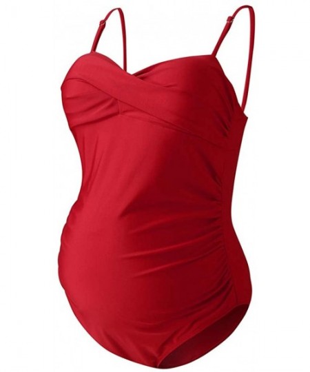 Tops Women's Criss Cross Bandeau One Piece Swimsuit-Pregnant Solid Color Cross Strap Maternity Swimsuit - Red - CU190RQO3K0