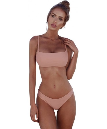 One-Pieces Womens Bikinis Women Bandeau Swimsuit Bandage Bikini Set Push-Up Swimwear Brazilian Beachwear for Women - Pink - C...