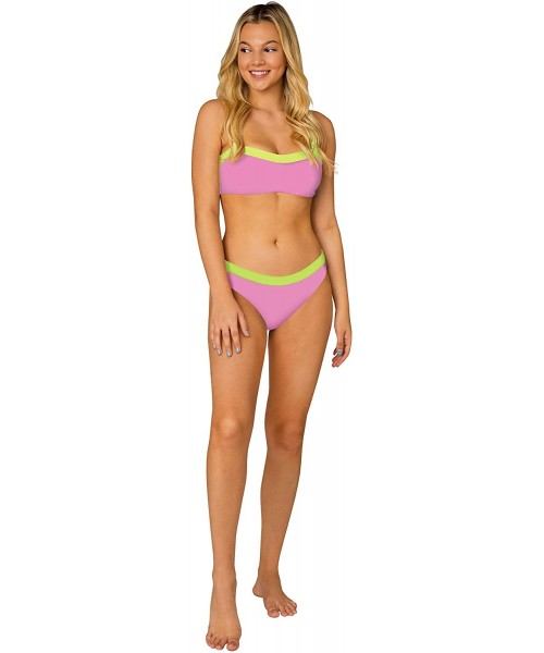 Sets Bathing Suit Bandeau Two Piece Swimsuits Swimwear Print Swimwear Bikini Set - Pink and Lime - C718WYD3IYT