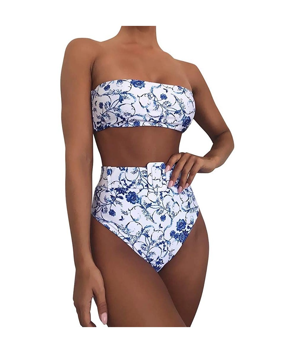 Sets Womens Two Piece Bandeau Bikini Set Fashion Buckle Tops and High Waist Bottoms Casual Swimwear Bathing Suit Blue - CL194...