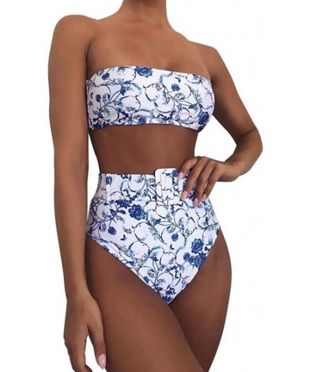 Sets Womens Two Piece Bandeau Bikini Set Fashion Buckle Tops and High Waist Bottoms Casual Swimwear Bathing Suit Blue - CL194...