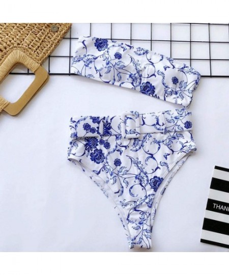 Sets Womens Two Piece Bandeau Bikini Set Fashion Buckle Tops and High Waist Bottoms Casual Swimwear Bathing Suit Blue - CL194...