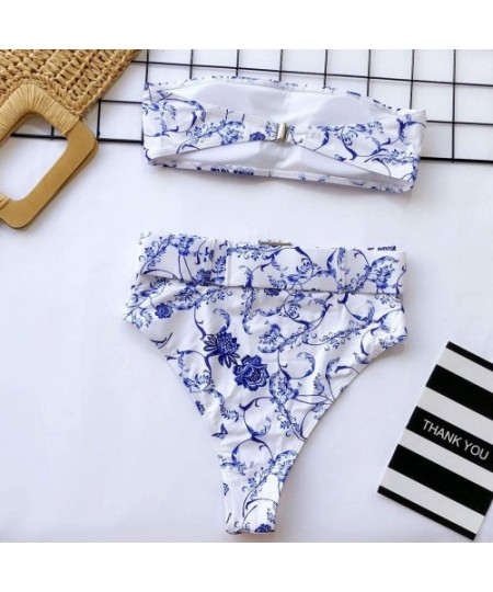 Sets Womens Two Piece Bandeau Bikini Set Fashion Buckle Tops and High Waist Bottoms Casual Swimwear Bathing Suit Blue - CL194...