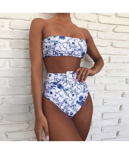 Sets Womens Two Piece Bandeau Bikini Set Fashion Buckle Tops and High Waist Bottoms Casual Swimwear Bathing Suit Blue - CL194...