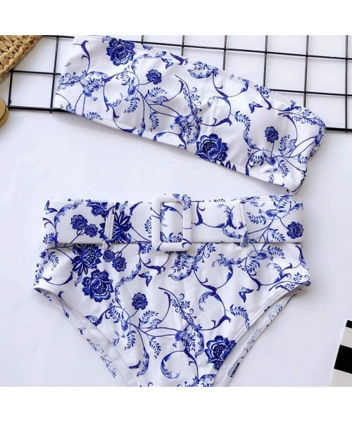 Sets Womens Two Piece Bandeau Bikini Set Fashion Buckle Tops and High Waist Bottoms Casual Swimwear Bathing Suit Blue - CL194...