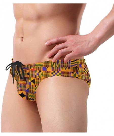 Briefs Men's Swimming Briefs Kente Swimsuit Bikini Briefs with Adjustable Drawstring - Black - CZ196ME339Y