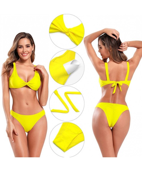 Sets Women's Twist Front Bikini Top Ruched Back Bottom Two Piece Swimsuits - Yellow - CQ18YLHOWLT