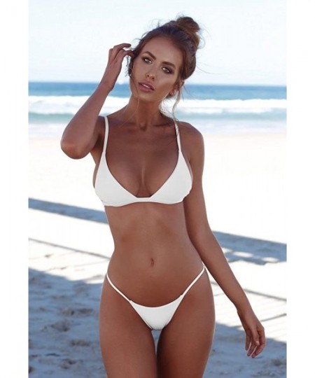 Sets Women's Sexy Triangle Two Pieces Bathing Solid Scoop Neck Push Up Padded Brazilian Thong Bikini Set Swimsuit White - CQ1...