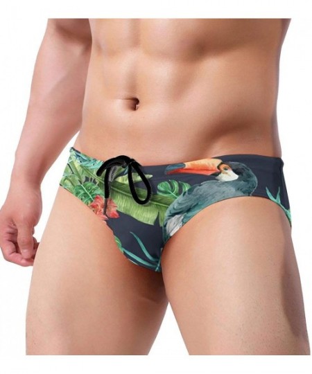 Briefs Tropical Pattern Flower Men's Swim Briefs Print Drawstring Swimwear Sexy Bathing Suit - Black - C619C6O6022