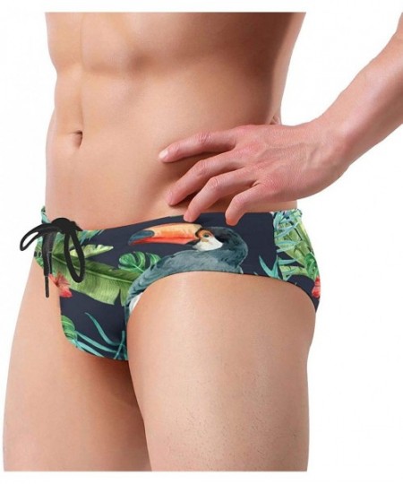 Briefs Tropical Pattern Flower Men's Swim Briefs Print Drawstring Swimwear Sexy Bathing Suit - Black - C619C6O6022