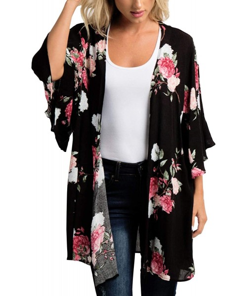 Cover-Ups Women's Floral Print Kimono Cardigan Sheer Chiffon Beach Cover Up Casual Loose Blouse Top - A0 Floral/ Black - CN18...