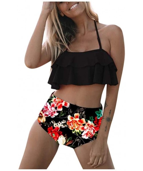 Sets Flounce Halter Bikini Set Two Piece Swimsuit for Women High Waisted Cheeky Swimwear Bathing Suits - Black - CR193Z5D8TS