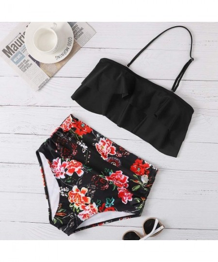 Sets Flounce Halter Bikini Set Two Piece Swimsuit for Women High Waisted Cheeky Swimwear Bathing Suits - Black - CR193Z5D8TS