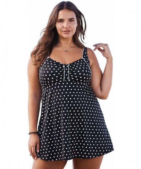 One-Pieces Women's Plus Size Retro Swim Dress Swimsuit - Black Dot (0295) - CB195SN8IT7