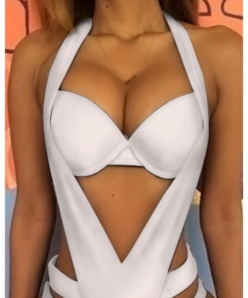 One-Pieces Women Sexy Halter Cut Out Deep V Neck Strappy One Piece Swimsuit - White - C41960DDMNO