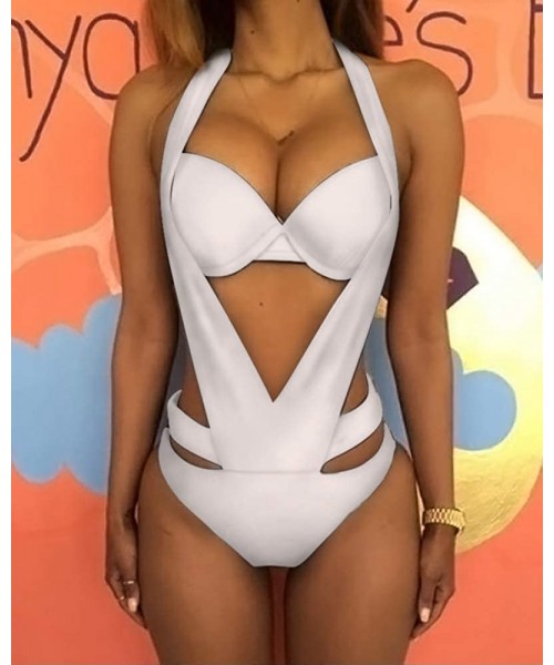 One-Pieces Women Sexy Halter Cut Out Deep V Neck Strappy One Piece Swimsuit - White - C41960DDMNO