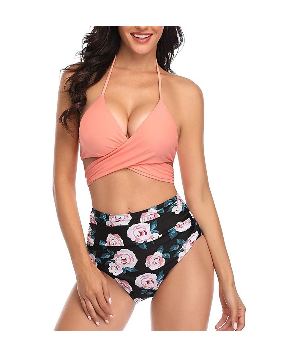 Tankinis Swimsuits for Women Two Piece Bathing Suits Ruffled Flounce Top with High Waisted Bottom Bikini Set - D-pink - CQ196...