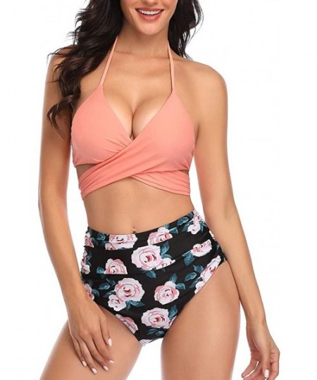 Tankinis Swimsuits for Women Two Piece Bathing Suits Ruffled Flounce Top with High Waisted Bottom Bikini Set - D-pink - CQ196...