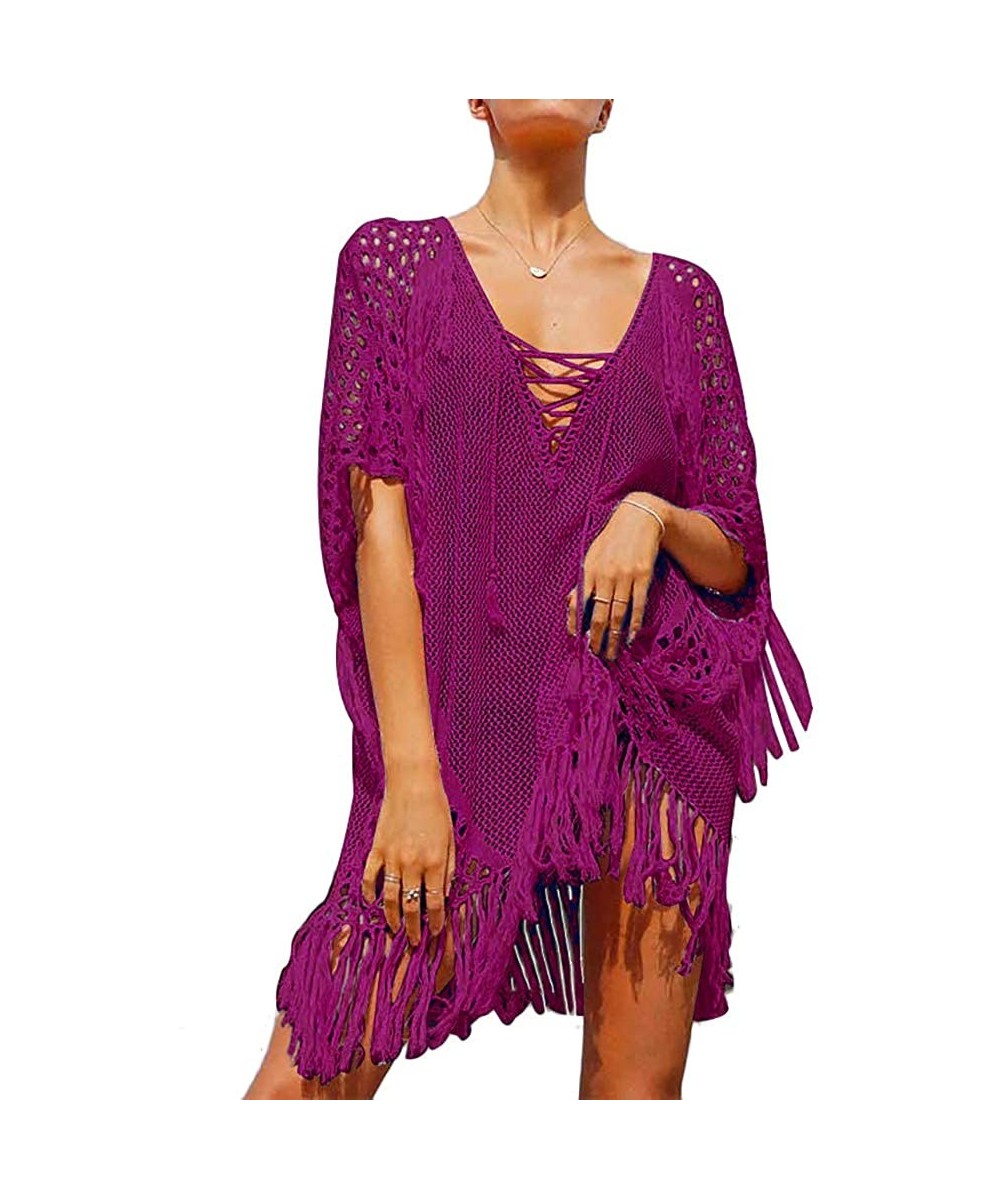 Cover-Ups Womens Sexy Deep V-Neck Hollow Out Crochet Coverup Half Sleeve Lace Up Dress with Tassels - Purple Red - C318OA0GXTK