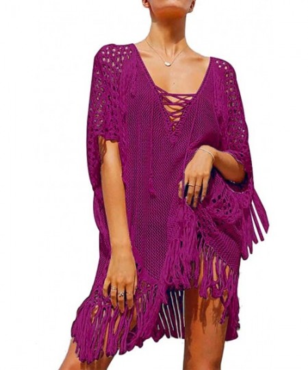 Cover-Ups Womens Sexy Deep V-Neck Hollow Out Crochet Coverup Half Sleeve Lace Up Dress with Tassels - Purple Red - C318OA0GXTK