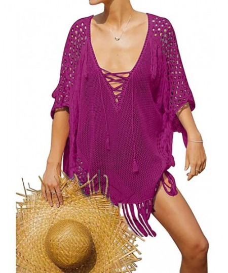 Cover-Ups Womens Sexy Deep V-Neck Hollow Out Crochet Coverup Half Sleeve Lace Up Dress with Tassels - Purple Red - C318OA0GXTK