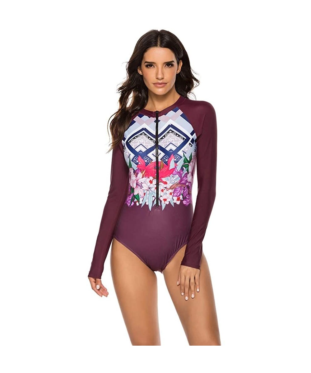 Bottoms Women's Long Sleeve Floral Printed Zip Front Rashguard One Piece Swimsuit Sun Protection Surfing Swimwear - Wine - CZ...