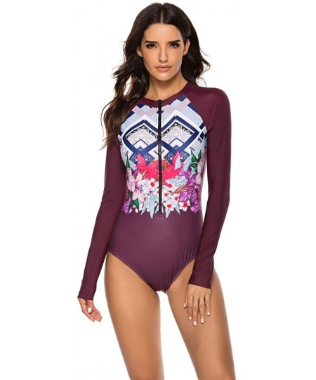 Bottoms Women's Long Sleeve Floral Printed Zip Front Rashguard One Piece Swimsuit Sun Protection Surfing Swimwear - Wine - CZ...