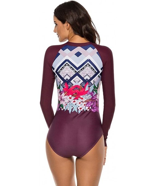 Bottoms Women's Long Sleeve Floral Printed Zip Front Rashguard One Piece Swimsuit Sun Protection Surfing Swimwear - Wine - CZ...