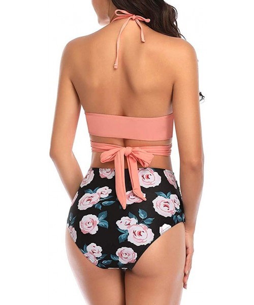 Tankinis Swimsuits for Women Two Piece Bathing Suits Ruffled Flounce Top with High Waisted Bottom Bikini Set - D-pink - CQ196...