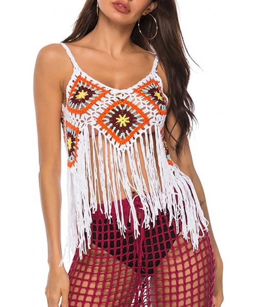 Cover-Ups Womens V Neck Handmade Crochet Knit Cover Up Hollow Out Beach Cover Up with Tassels - Orange - CS18S75HI0Z