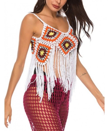 Cover-Ups Womens V Neck Handmade Crochet Knit Cover Up Hollow Out Beach Cover Up with Tassels - Orange - CS18S75HI0Z