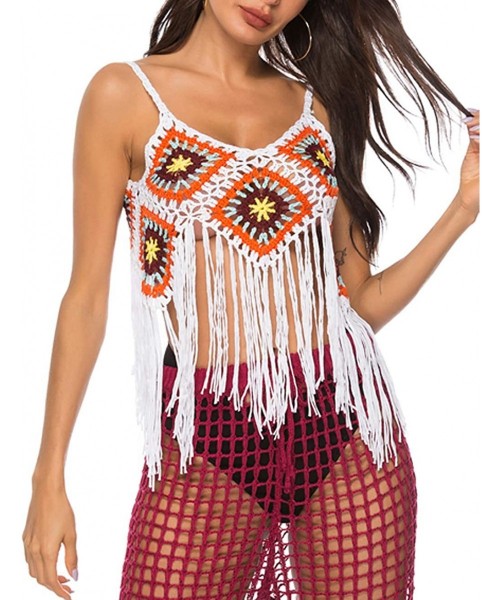 Cover-Ups Womens V Neck Handmade Crochet Knit Cover Up Hollow Out Beach Cover Up with Tassels - Orange - CS18S75HI0Z