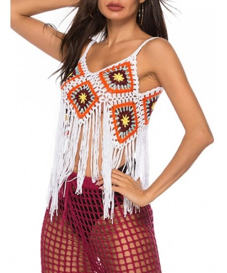 Cover-Ups Womens V Neck Handmade Crochet Knit Cover Up Hollow Out Beach Cover Up with Tassels - Orange - CS18S75HI0Z