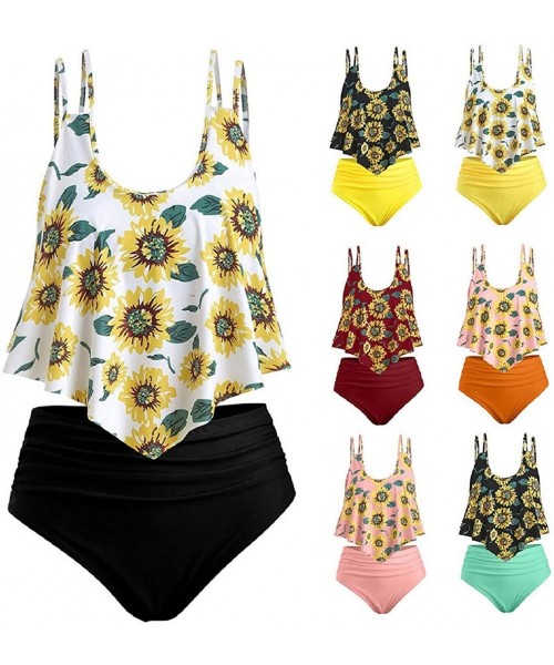 Sets Women's Plus Size Two Pieces Asymmetric Hem Bathing Suit Sunflower Print Ruffled High Waisted Bottom Bikini Black - C319...